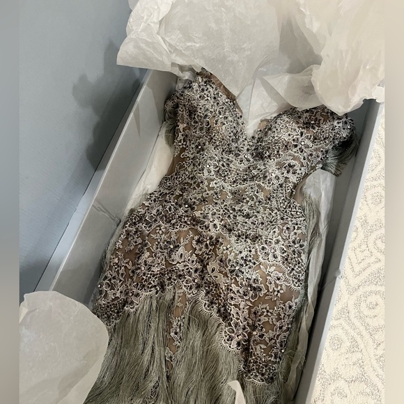 Stephen Yearick Fringe Tassel Diamond Beaded Evening Gown has lavender beading. - Picture 3 of 11